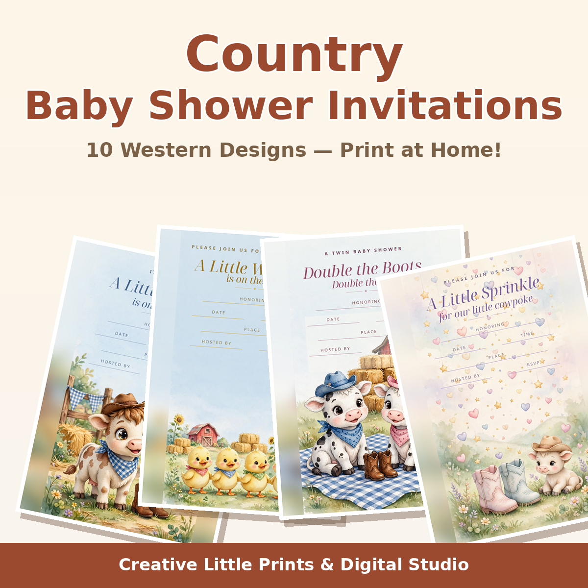 Country Baby Shower Invitations — 10 Western Designs (5×7, Print at Home)