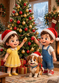 Printable Christmas Card — Mia & Leo Decorate the Tree (5×7, Print at Home)