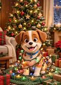 Printable Christmas Card — Puppy Tangled in Christmas Lights (5×7, Print at Home)