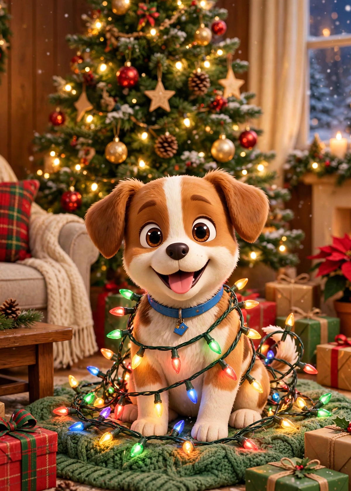 Printable Christmas Card — Puppy Tangled in Christmas Lights (5×7, Print at Home)