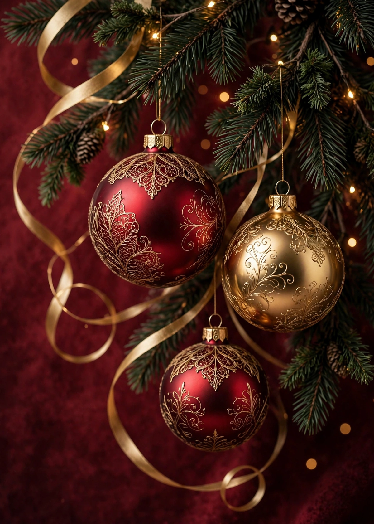 Printable Christmas Card — Elegant Gold & Red Ornaments (5×7, Print at Home)