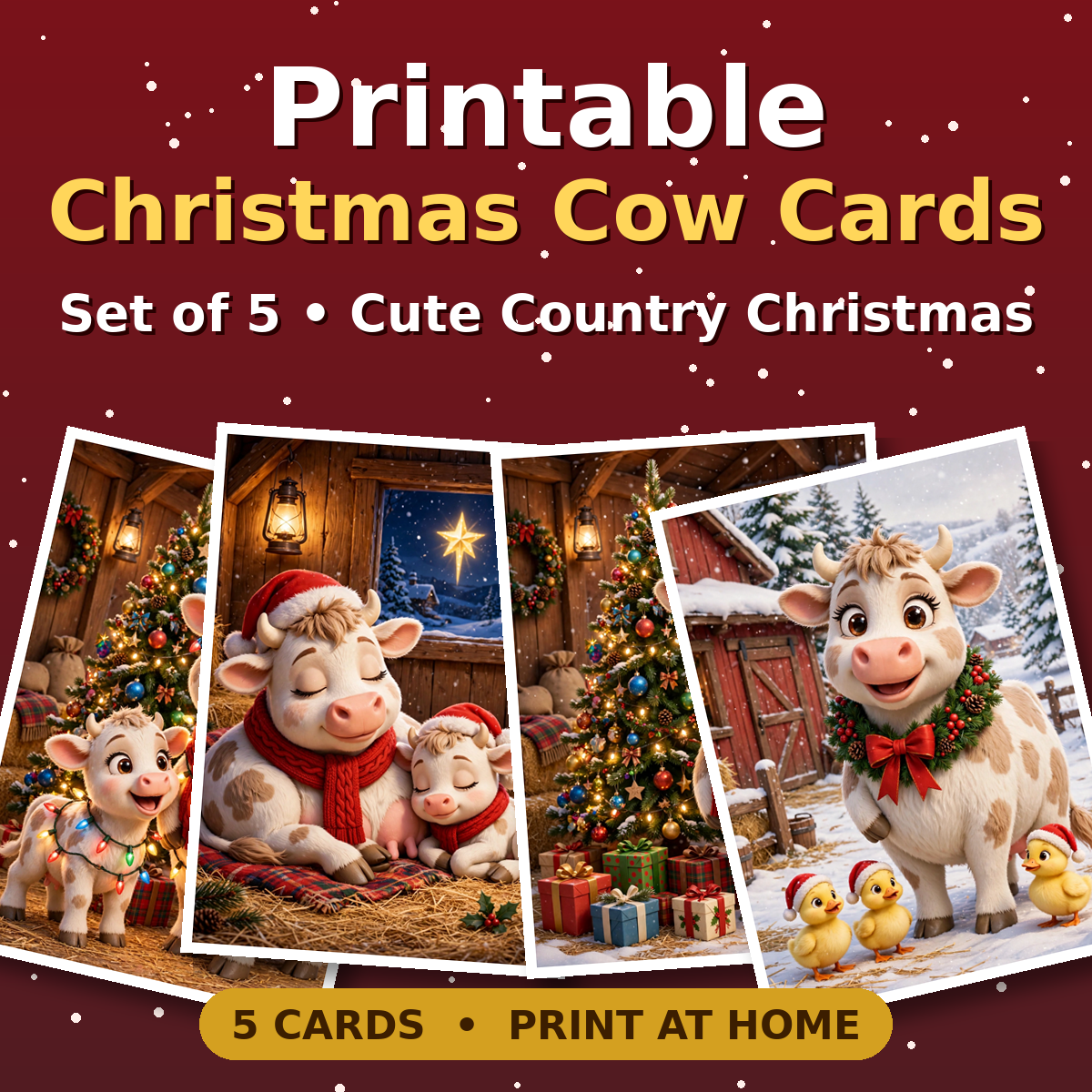 Christmas Cow Cards — Set of 5 Cute Country Christmas Cards