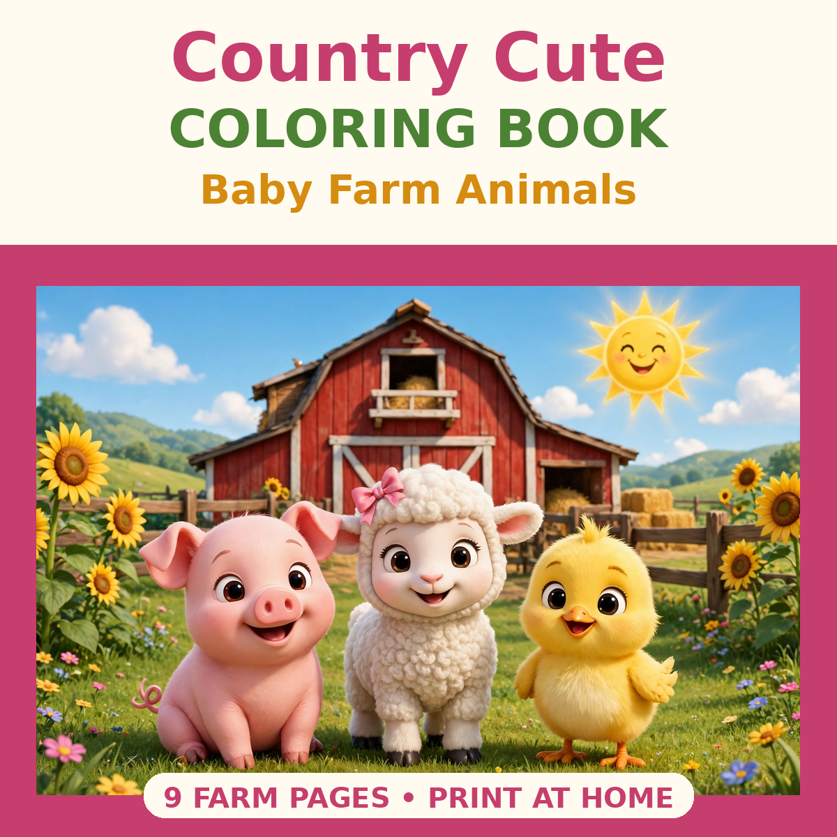 Country Cute Coloring Book — Baby Farm Animals (Ages 2–7)