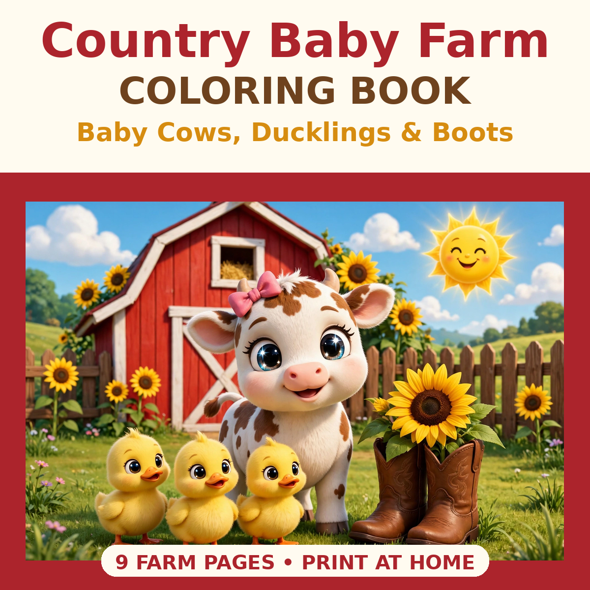 Country Baby Farm Coloring Book — Baby Cows, Ducklings & Boots (Ages 2–7)