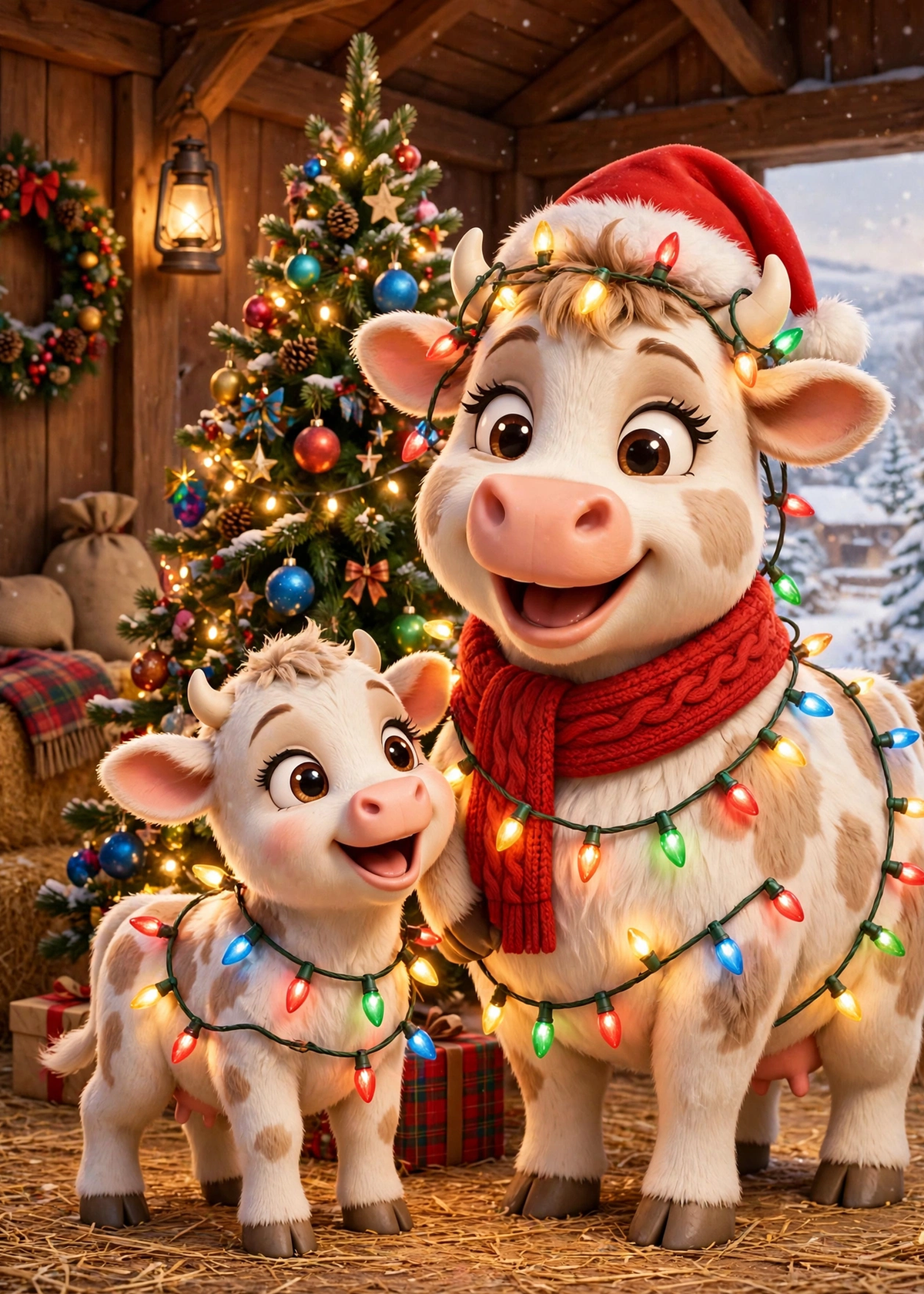 Printable Christmas Cow Card — Tangled in Christmas Lights (5×7, Print at Home)