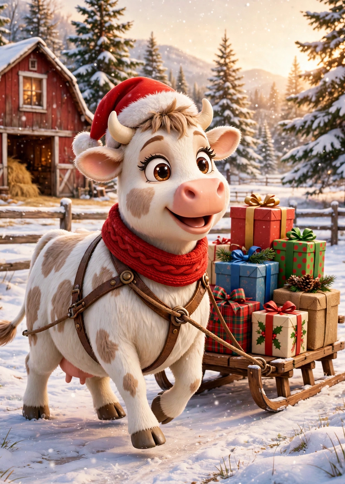 Printable Christmas Cow Card — Sled Full of Gifts (5×7, Print at Home)
