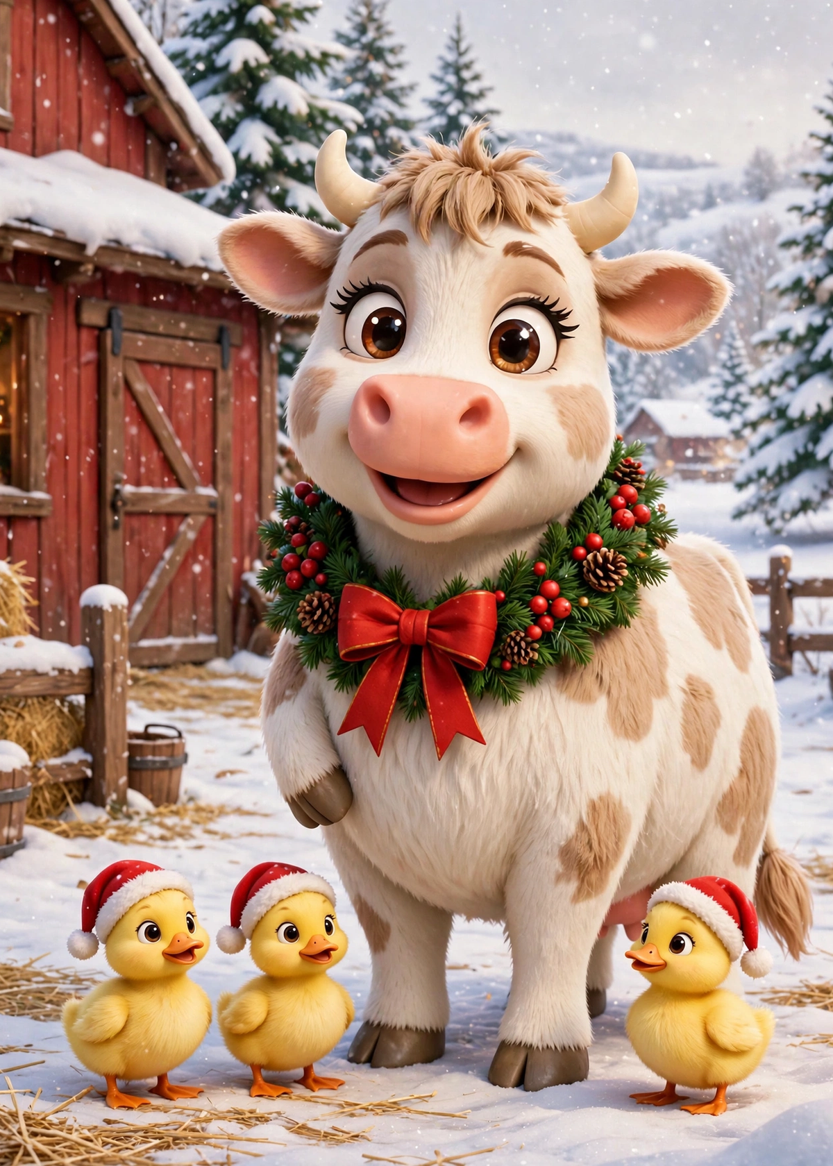 Printable Christmas Cow Card — Wreath & Duckling Friends (5×7, Print at Home)