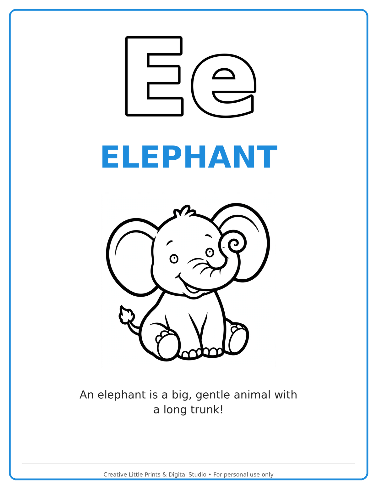 E Elephant Coloring Page — Single Printable Page