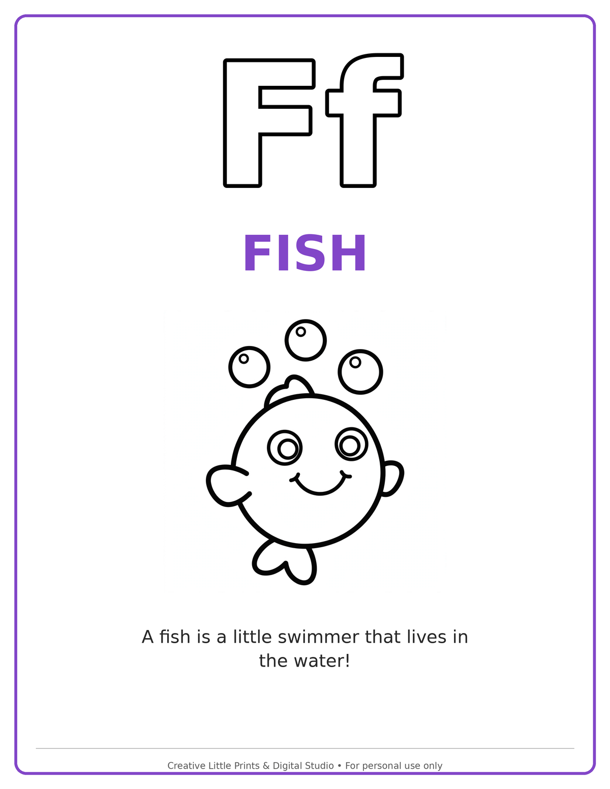 F Fish Coloring Page — Single Printable Page