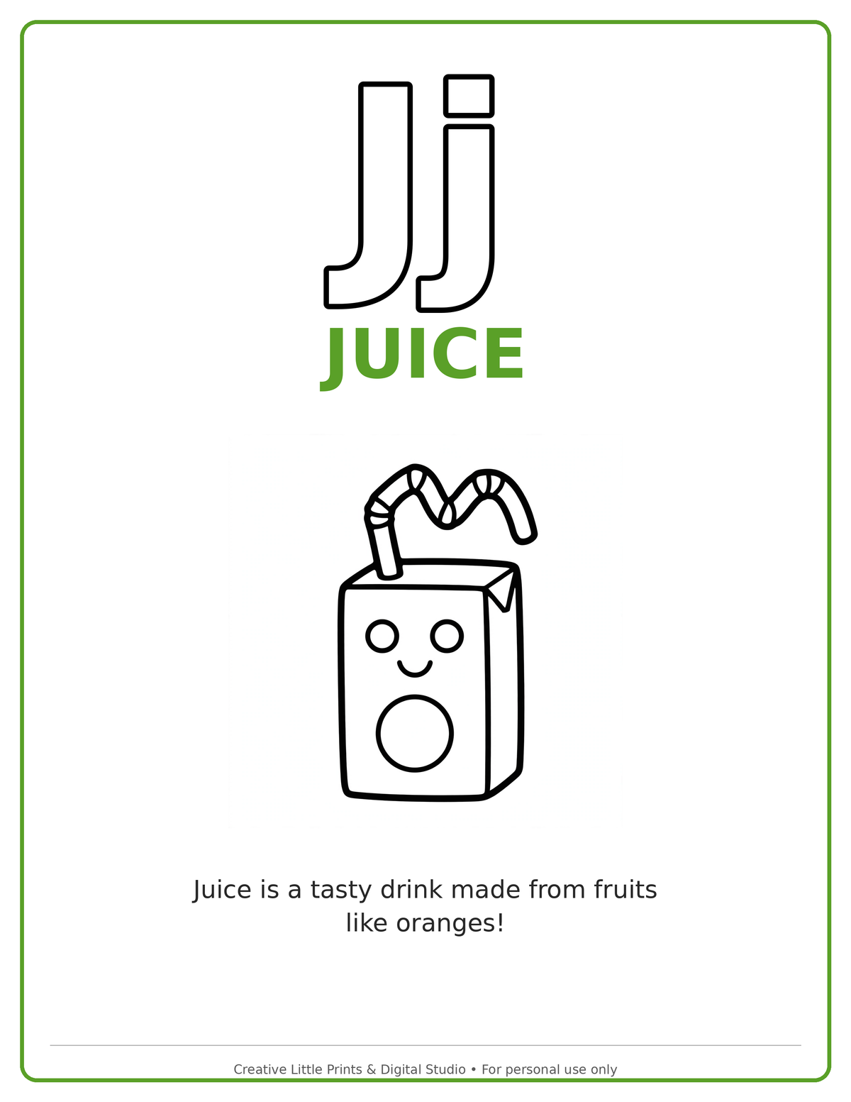 J Juice Coloring Page — Single Printable Page