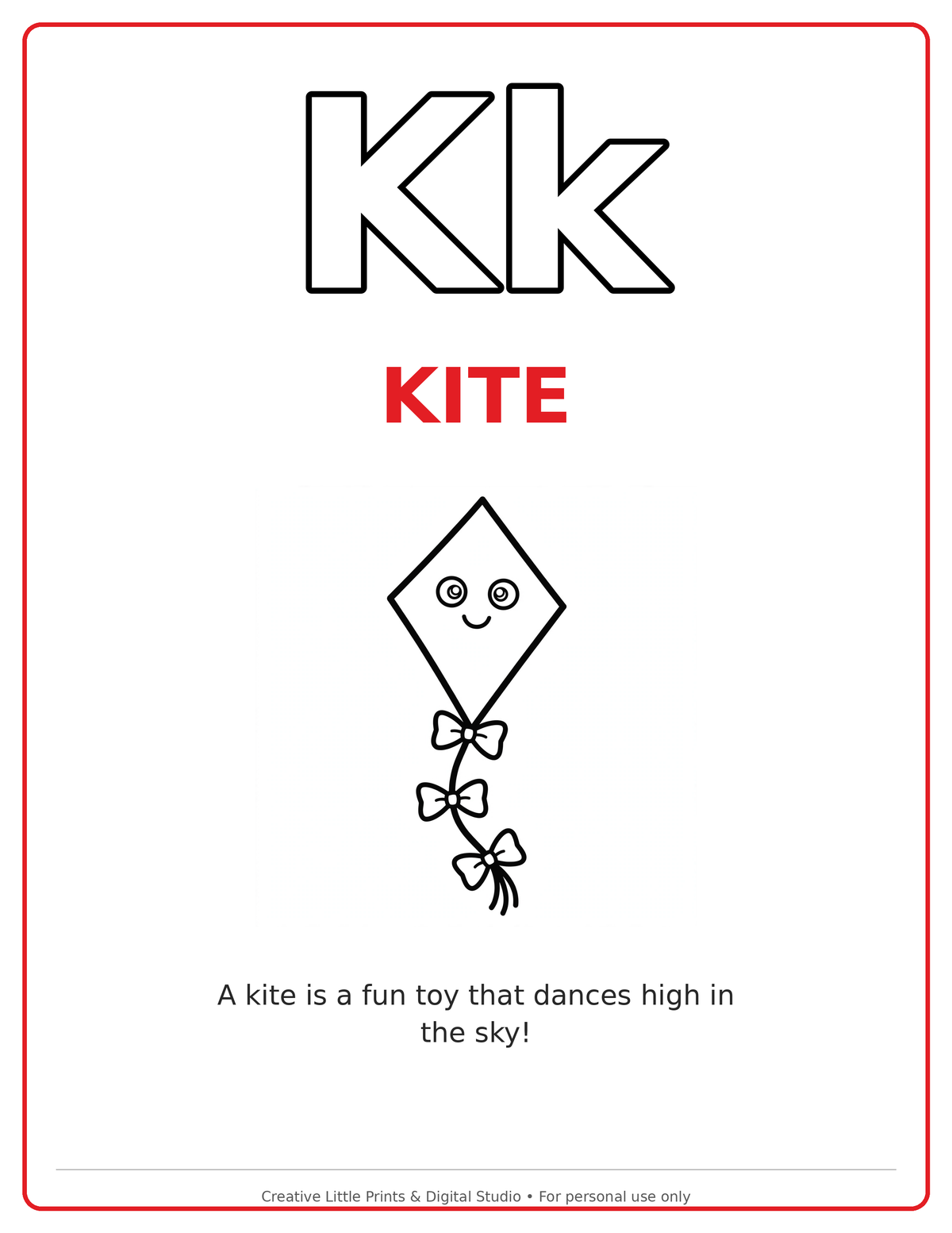 K Kite Coloring Page — Single Printable Page
