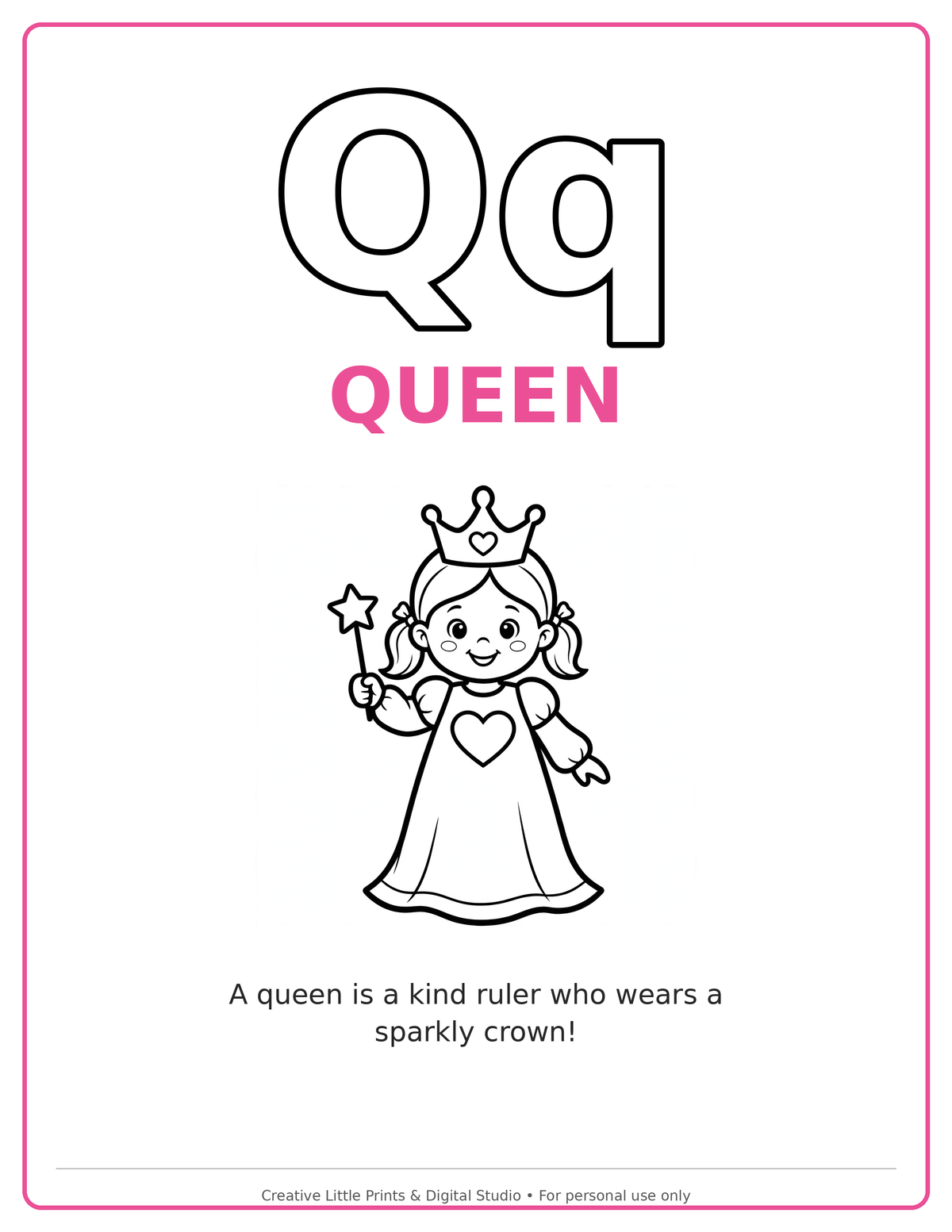 Q Queen Coloring Page — Single Printable Page