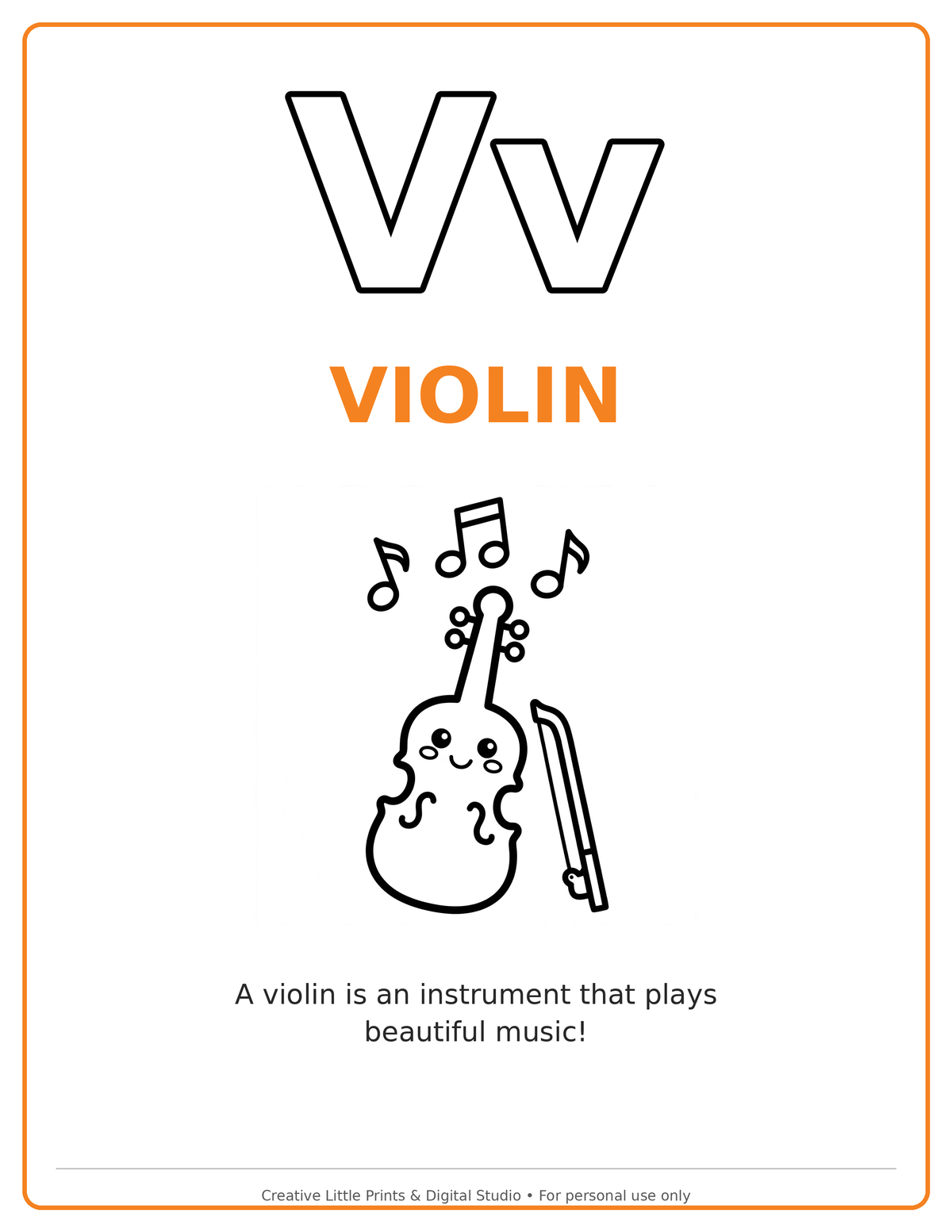 V Violin Coloring Page — Single Printable Page