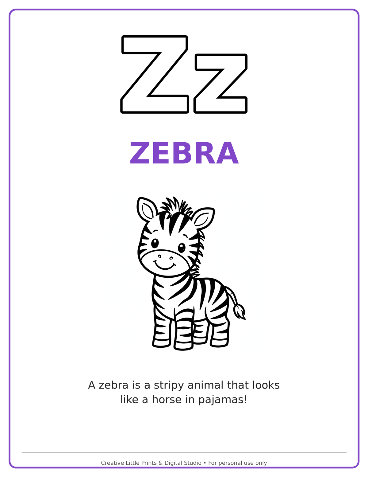 Z Zebra Coloring Page — Single Printable Page