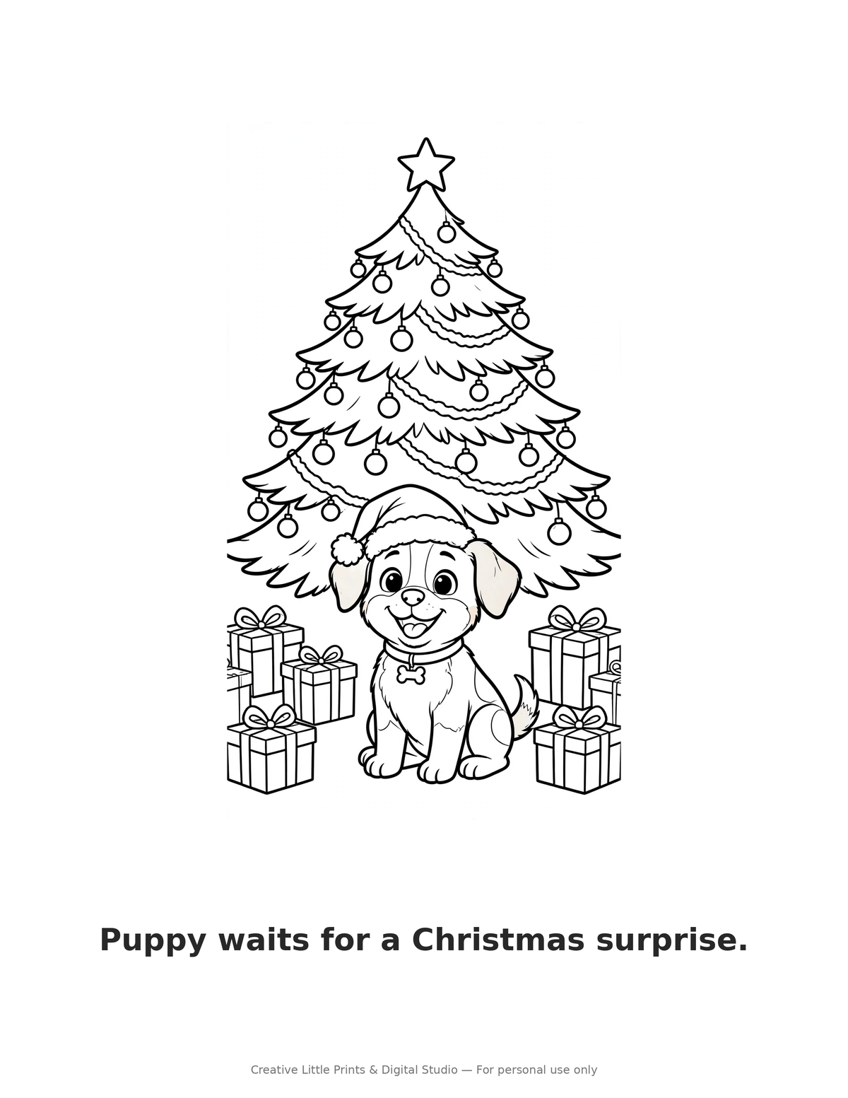 Puppy Waits for a Christmas Surprise Coloring Page — Single Printable Page