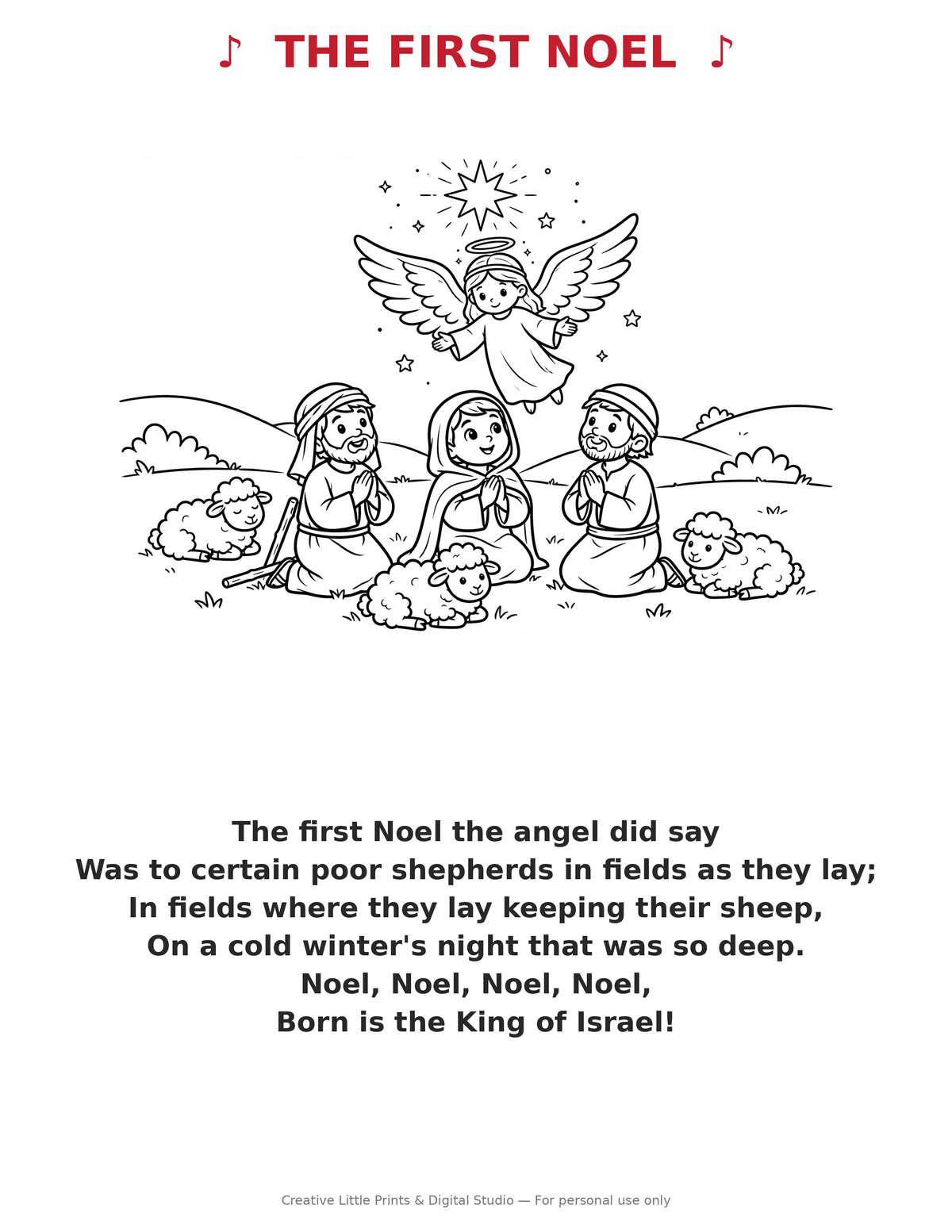 The First Noel Coloring Page — Single Printable Page