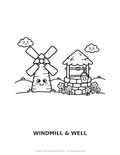 Windmill & Well Coloring Page — Single Printable Page