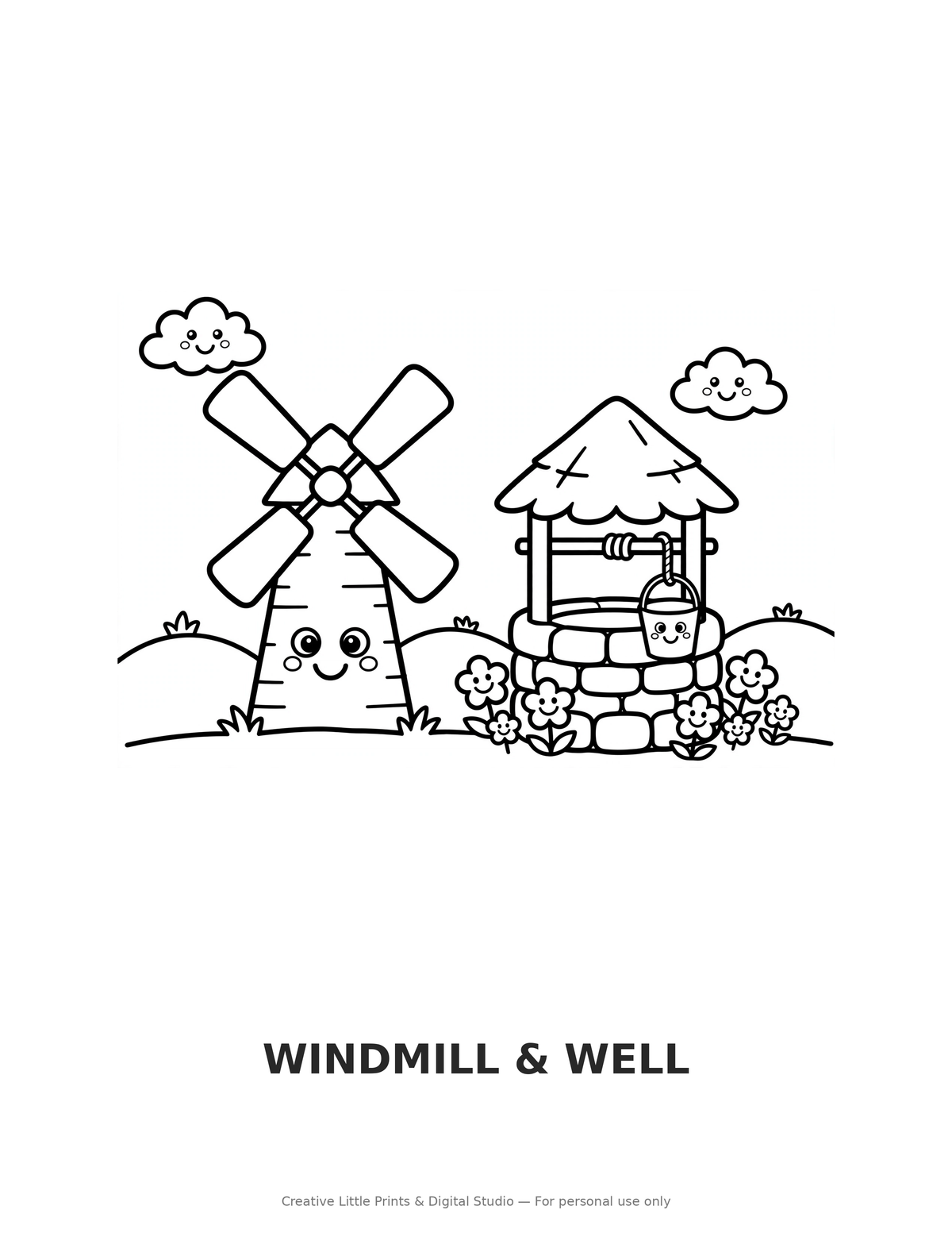 Windmill & Well Coloring Page — Single Printable Page