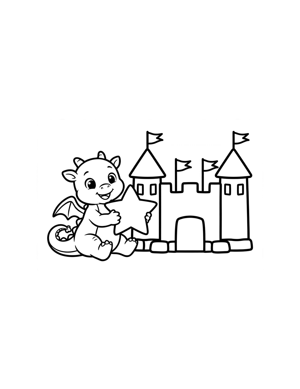 Baby Dragon & Castle Coloring Page — Single Printable Page