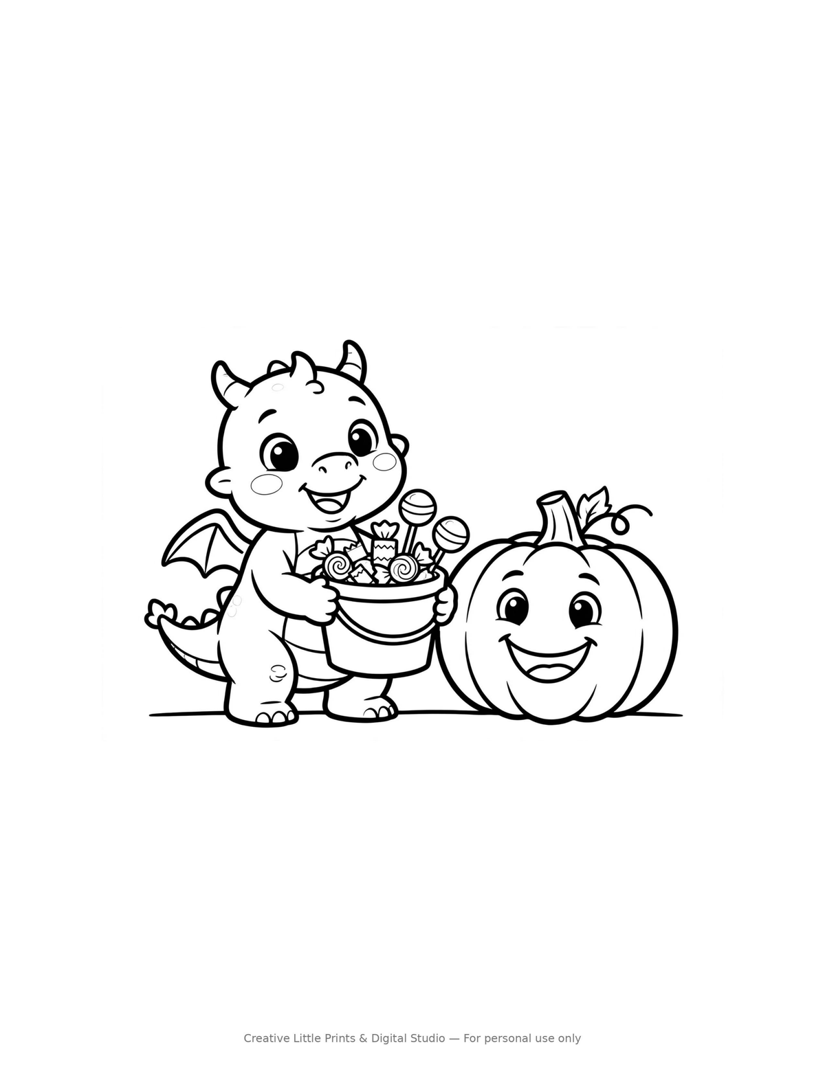 Baby Dragon & Candy Coloring Page — Single Printable Page