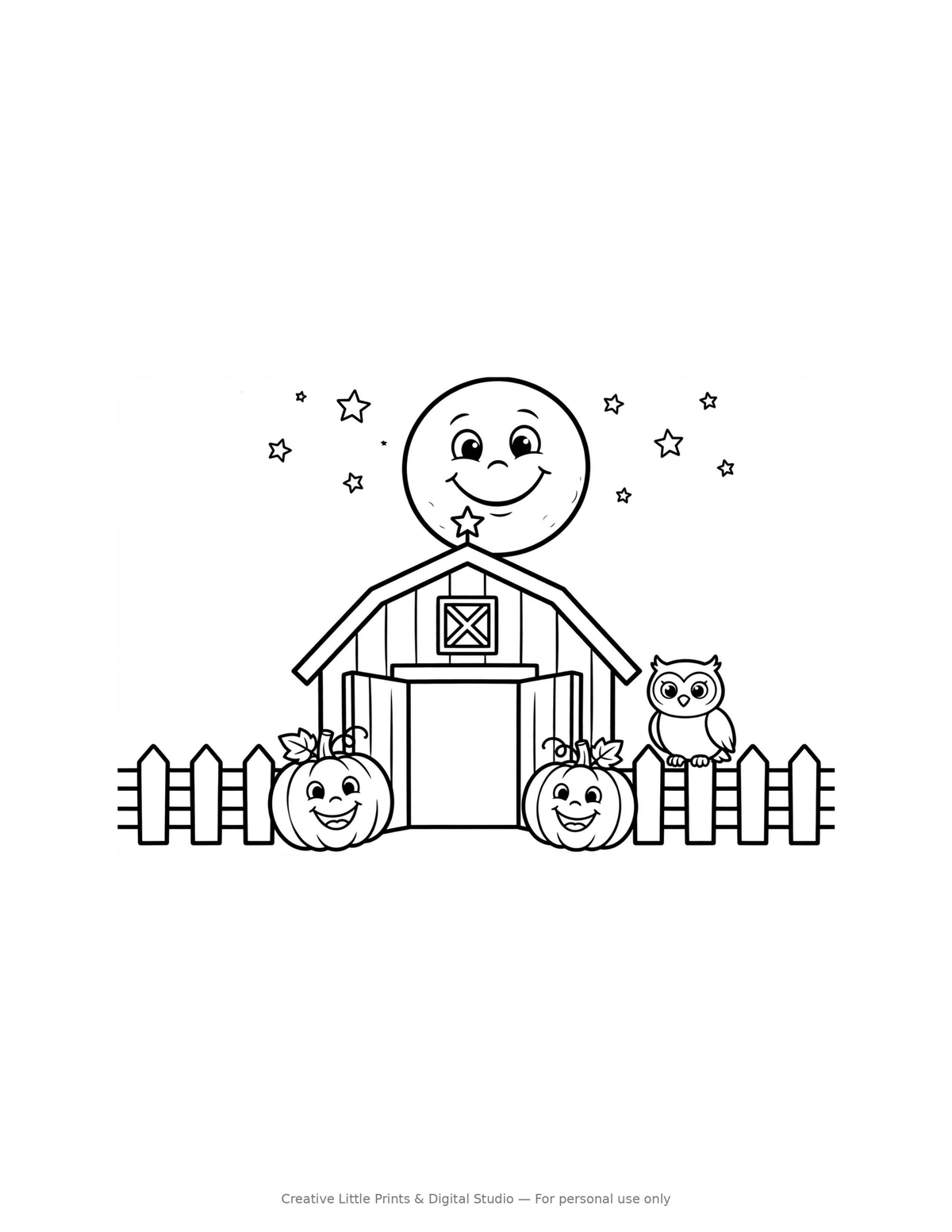 Barn & Moon Coloring Page — Single Printable Page