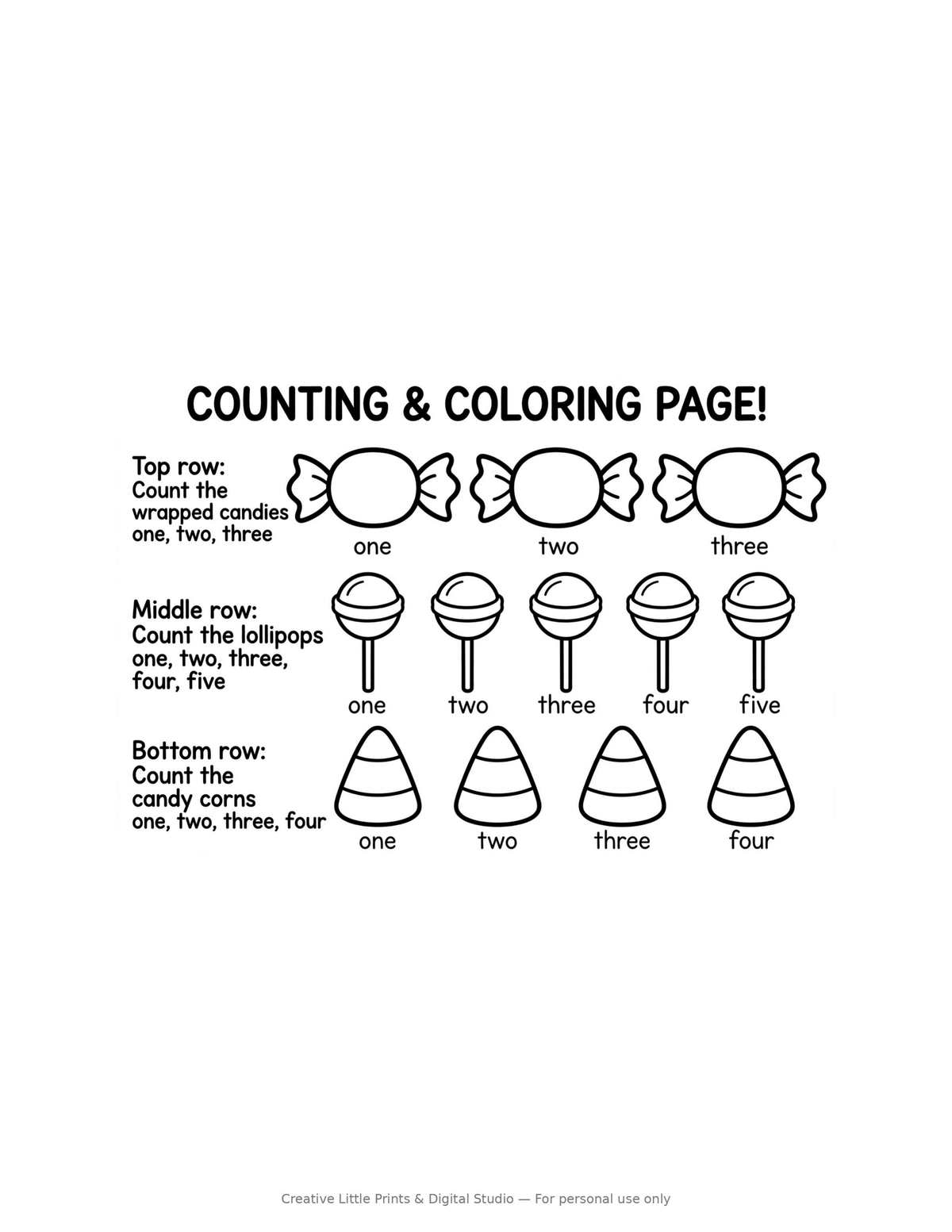 Candy Counting Coloring Page — Single Printable Page
