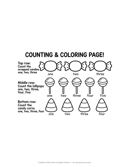 Candy Counting Coloring Page — Single Printable Page