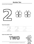 Number 2 (TWO) — 2 Butterflies Coloring Page — Single Printable Page
