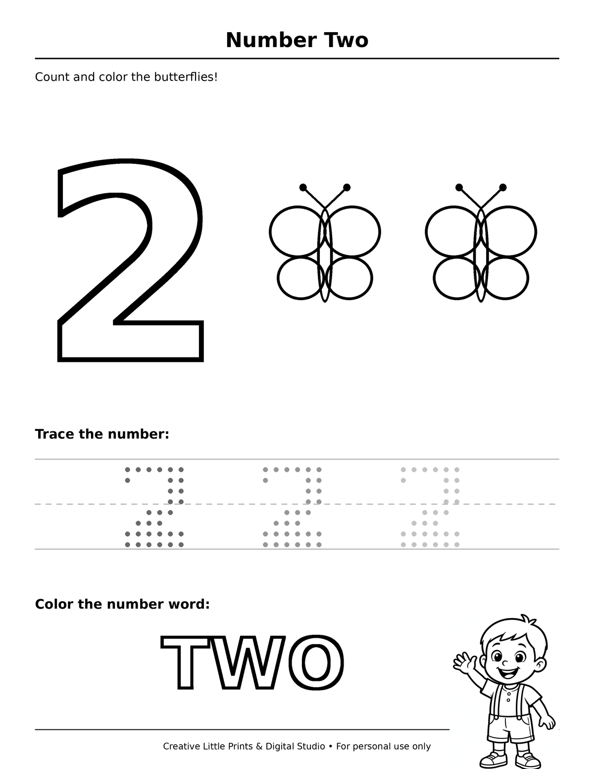 Number 2 (TWO) — 2 Butterflies Coloring Page — Single Printable Page