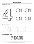 Number 4 (FOUR) — 4 Fish Coloring Page — Single Printable Page