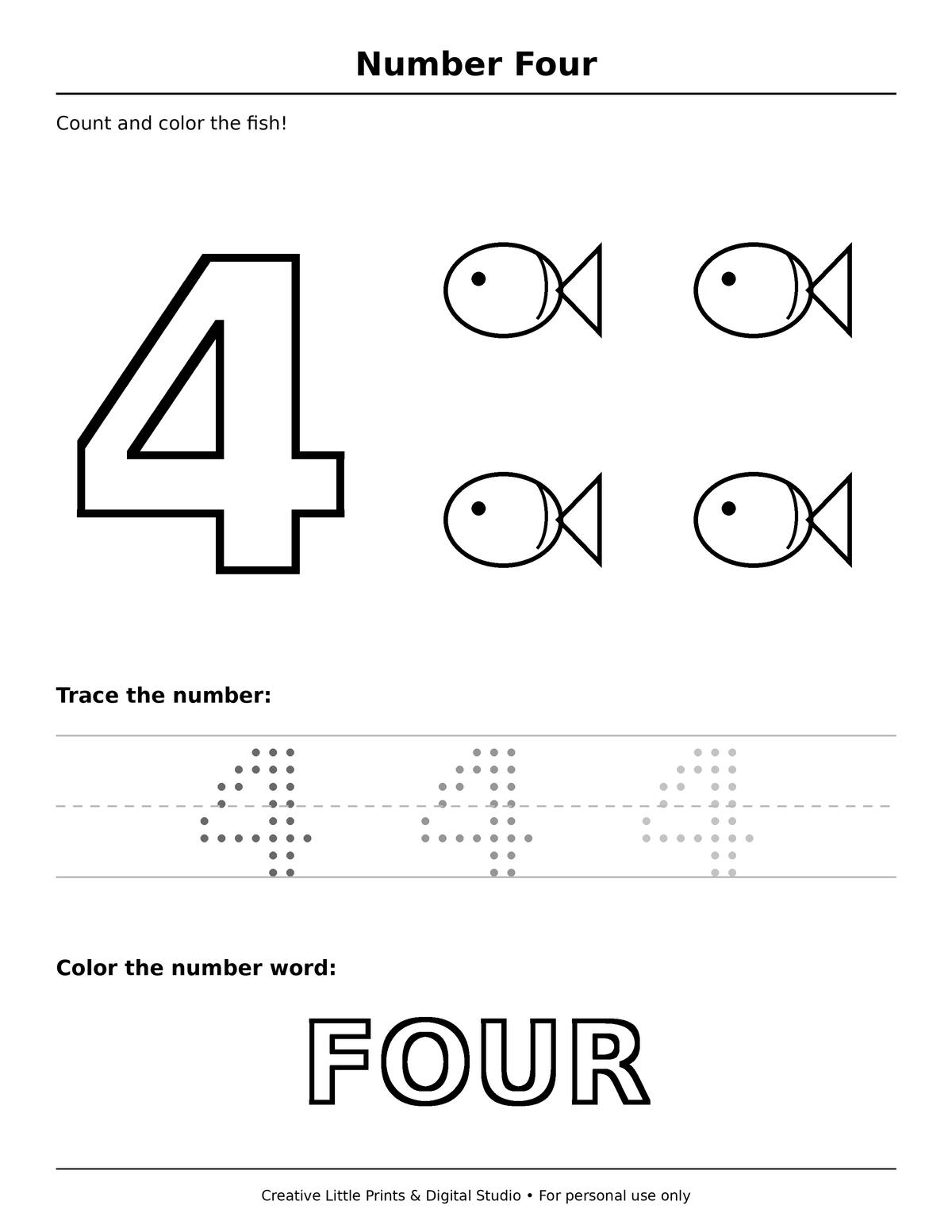 Number 4 (FOUR) — 4 Fish Coloring Page — Single Printable Page