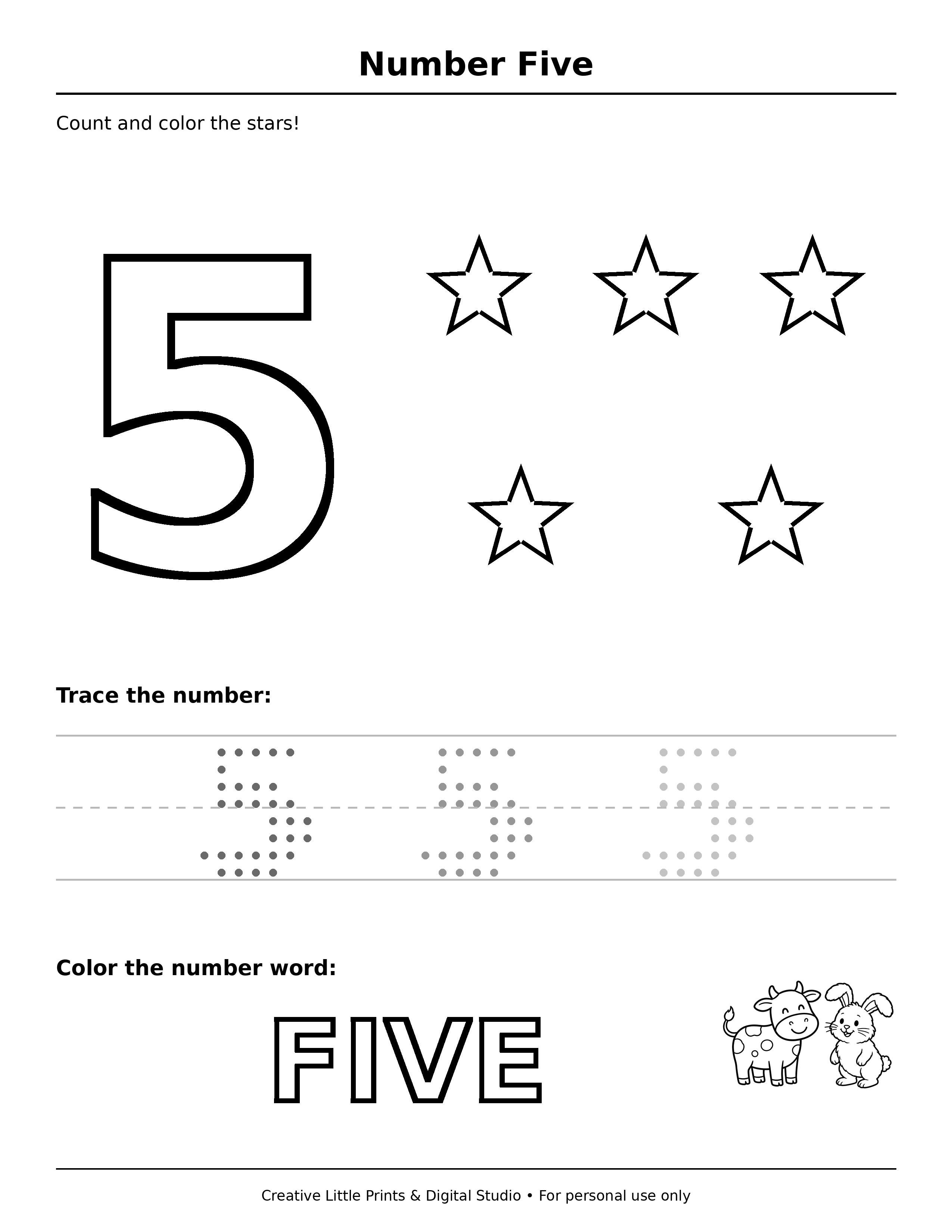 Number 5 (FIVE) — 5 Stars Coloring Page — Single Printable Page ...