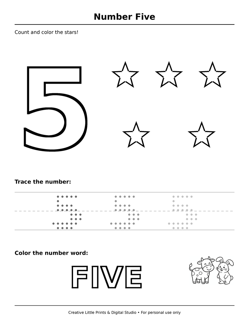 Number 5 (FIVE) — 5 Stars Coloring Page — Single Printable Page ...