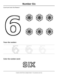 Number 6 (SIX) — 6 Flowers Coloring Page — Single Printable Page